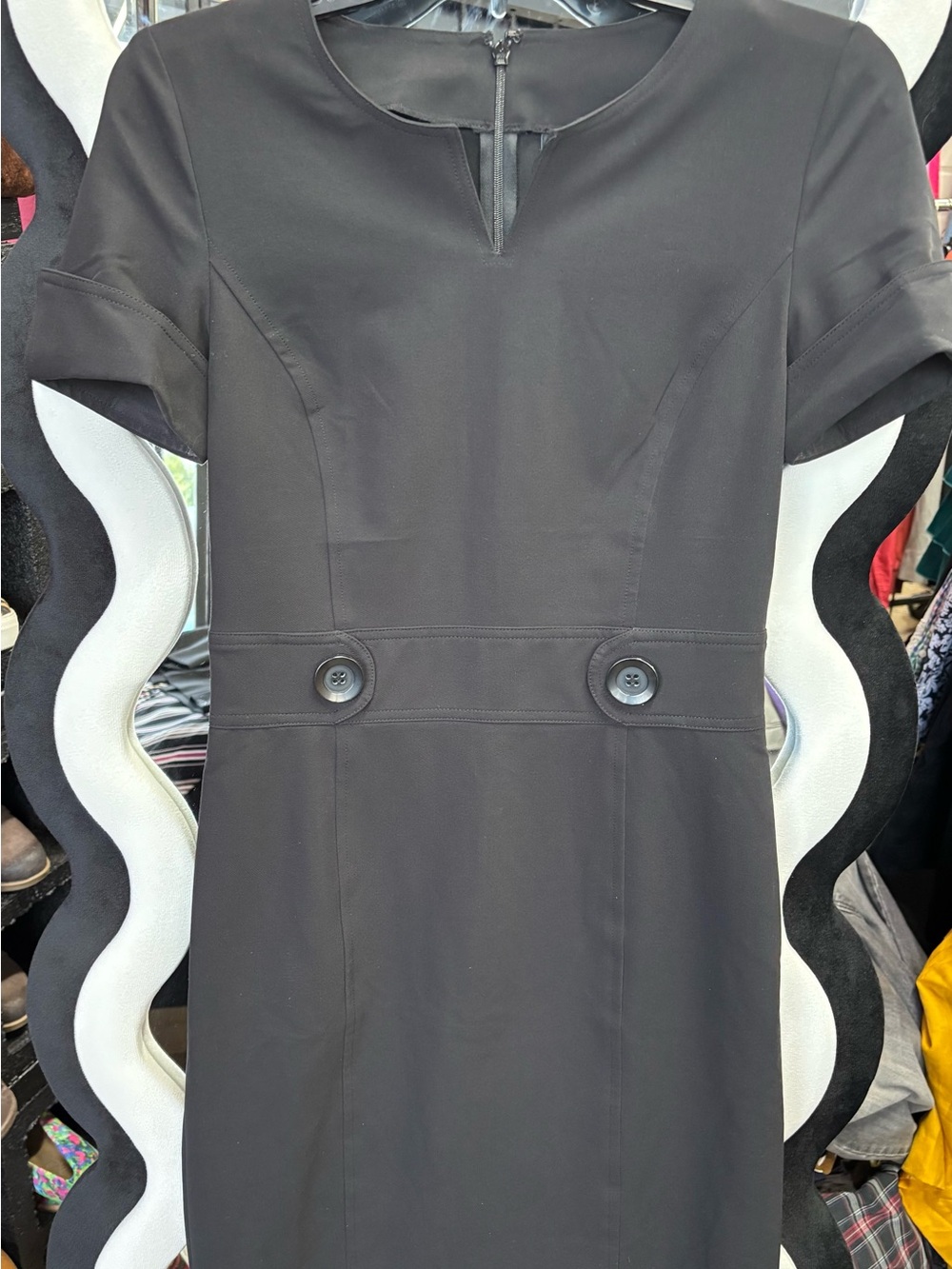 Classic Black Midi Sheath Dress with Button Waist Detail